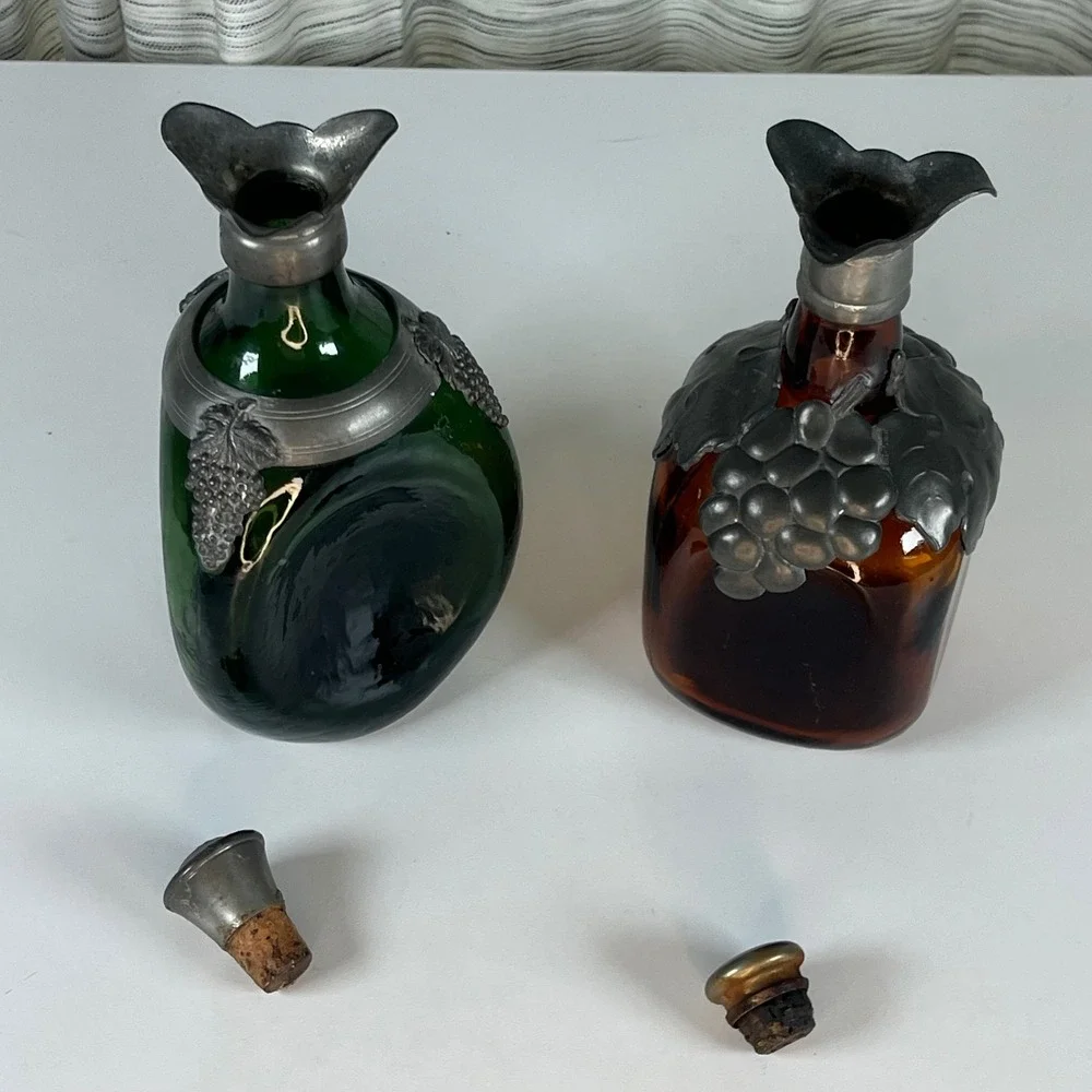 Vintage Decanter Set Green Amber Glass Italy OS Good Pewter Grape Overlay